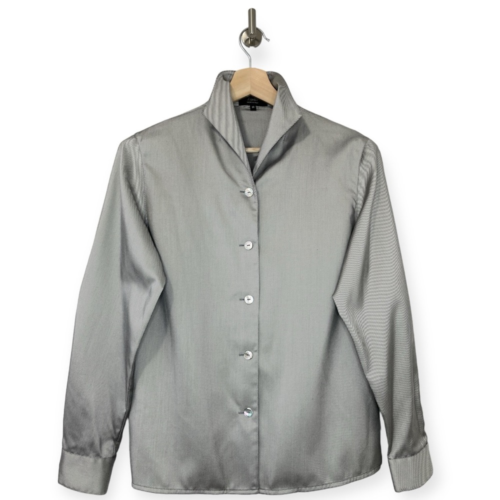 Zanella Gray Bias Striped Button Down Mother Of Pearl Shirt Size 10